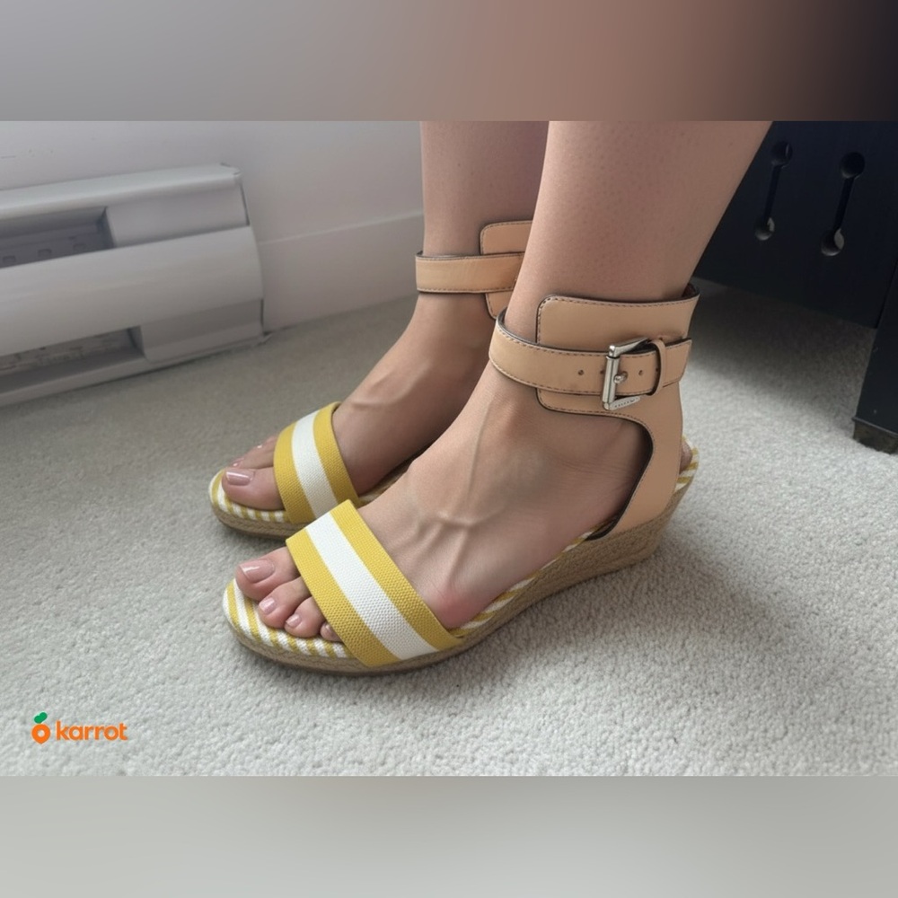 COACH Yellow and White Striped Espadrille Wedges